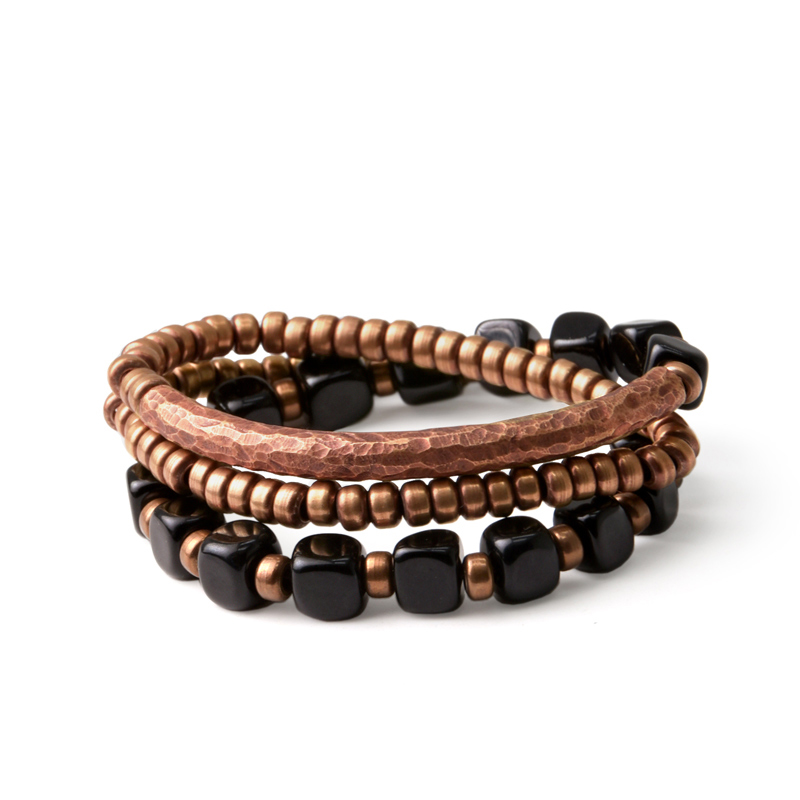 Health Wellness Bracelet - Black Onyx Multilayer Bracelet Hammered Artificial
